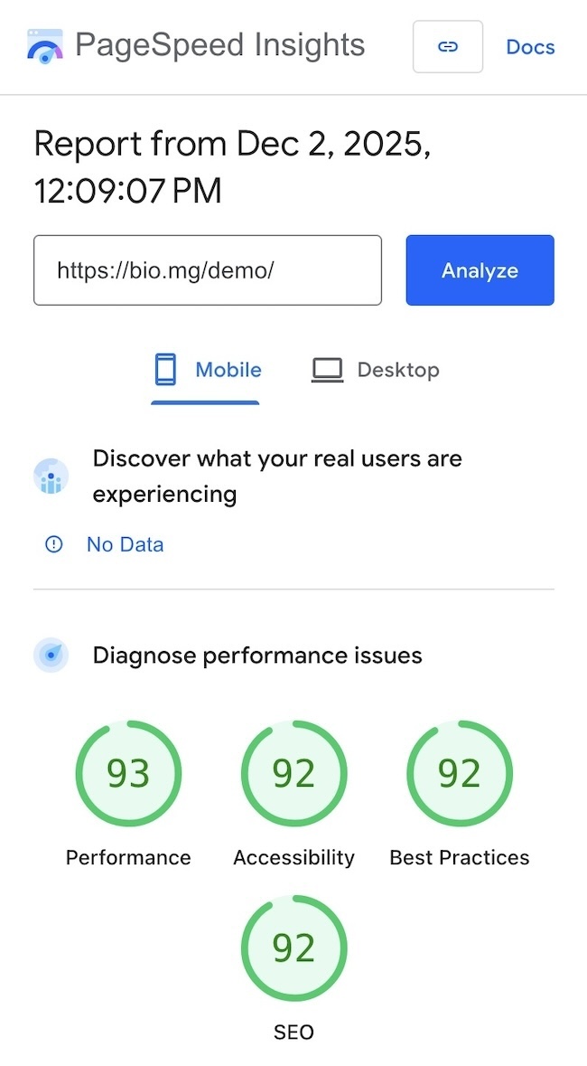 Ihre Bio erzielt im Google Website-Tester PageSpeed ​​Insights oft nahezu perfekte Ergebnisse.